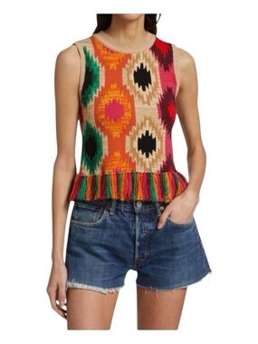 ALICE + OLIVIA Reva Print Fringe Peplum Tank Top, Size S.